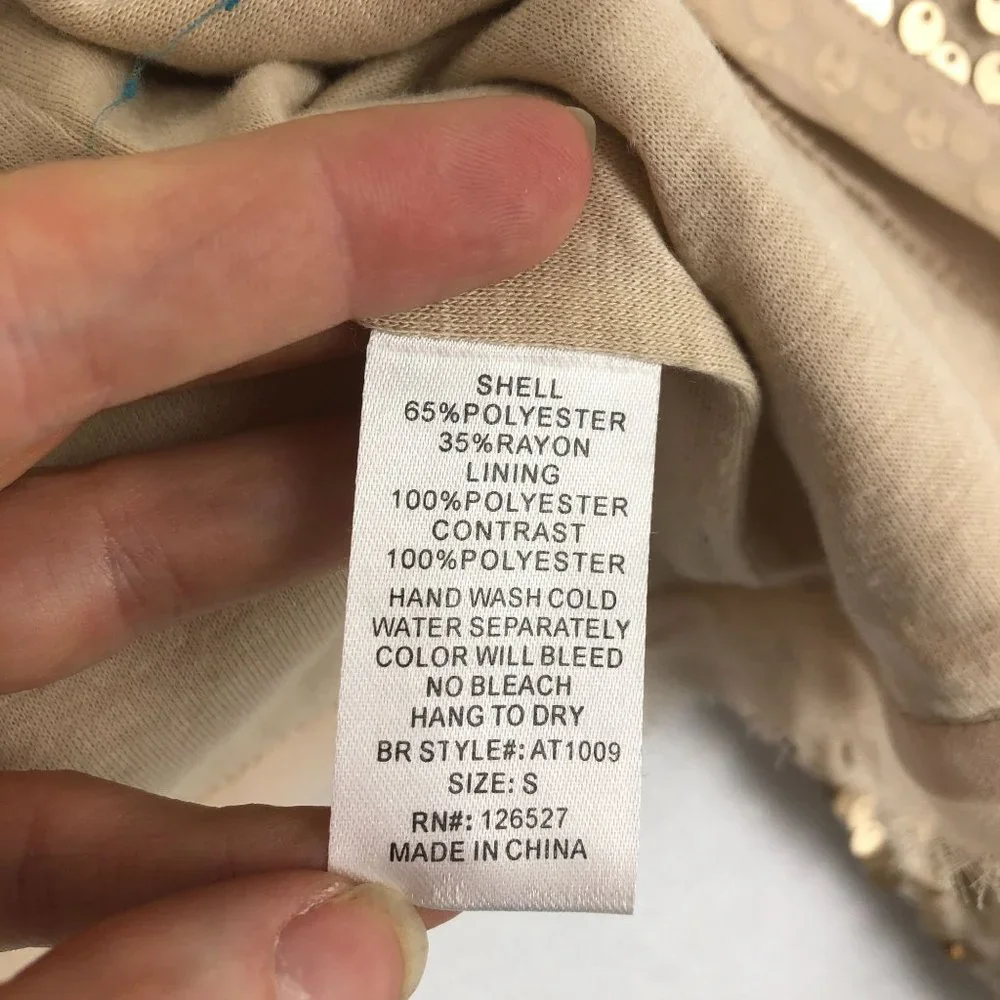 Alythea Women's Size Small Beige Gold Sequin 3/4 Sleeve Open Front Crop Jacket - Picture 5 of 8